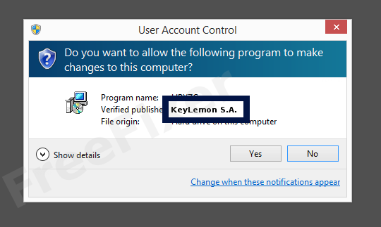 Screenshot where KeyLemon S.A. appears as the verified publisher in the UAC dialog